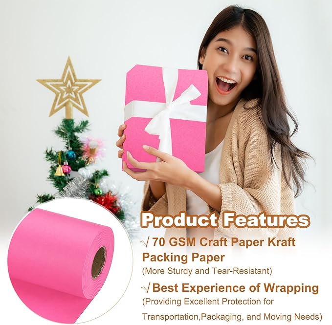 PATIKIL Wrapping Paper, 15" x 800"(66') 70 GSM Craft Paper Roll Kraft Packing Paper for Poster Bulletin Board, Gift Wrapping, Pink