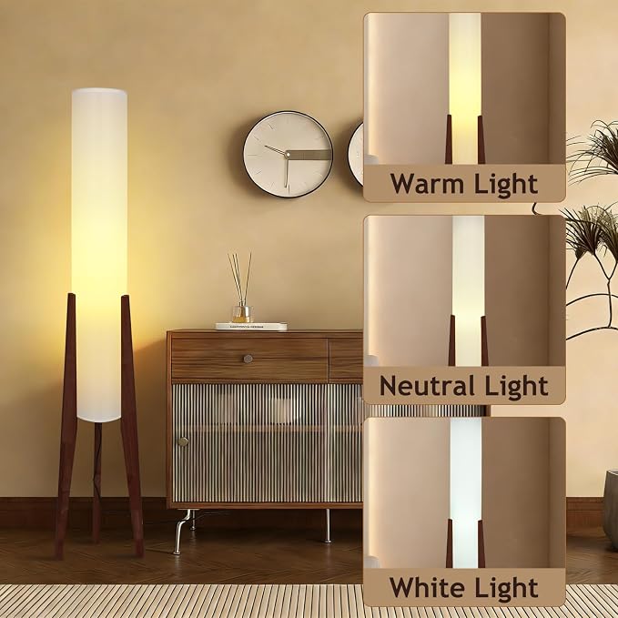 Wabi-sabi 50" Wooden Tripod Floor Lamp Linen Floor Lamp Paper Lantern Inspired Fabric Standing Lamp With E26 3-Color Temperatures Solid Wood Tall Light For Living Room Bedroom (Includes Bulb)