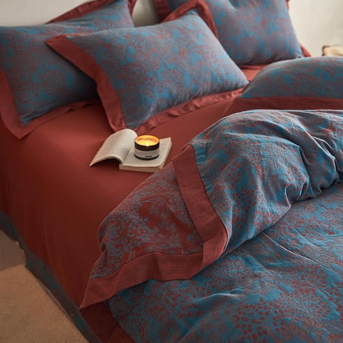 Vintage Blue Floral Duvet Cover Queen Retro Forest Theme Jacquard Duvet Cover Reversible Burgundy Floral Comforter Cover Linen Cotton Yarn-Dyed Textured Duvet Cover Botanical Farmhouse Bedding Set