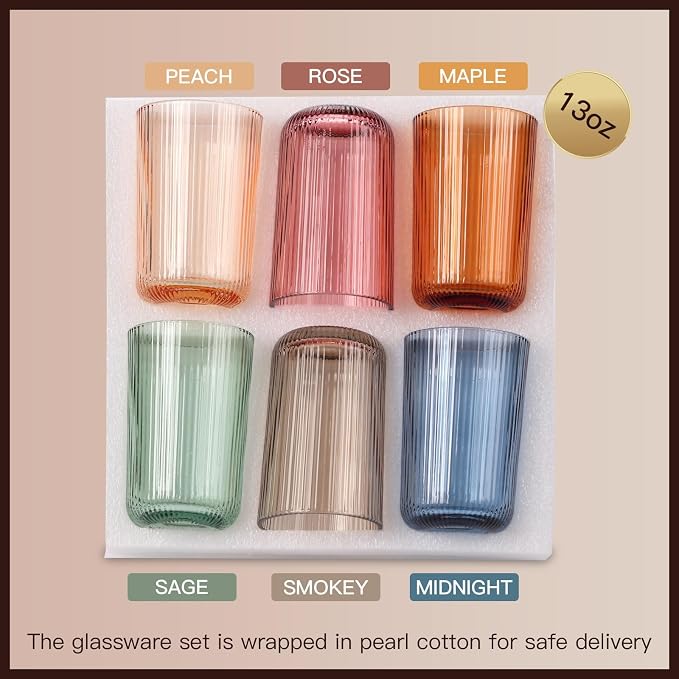 Colored Ribbed Highball Glasses Set of 6, 13.2oz Vintage Colored Glassware, Drinking Glasses for Water, Juice, Iced Coffee, Cocktails, Multicolor Glass Cups, Housewarming Christmas Gift
