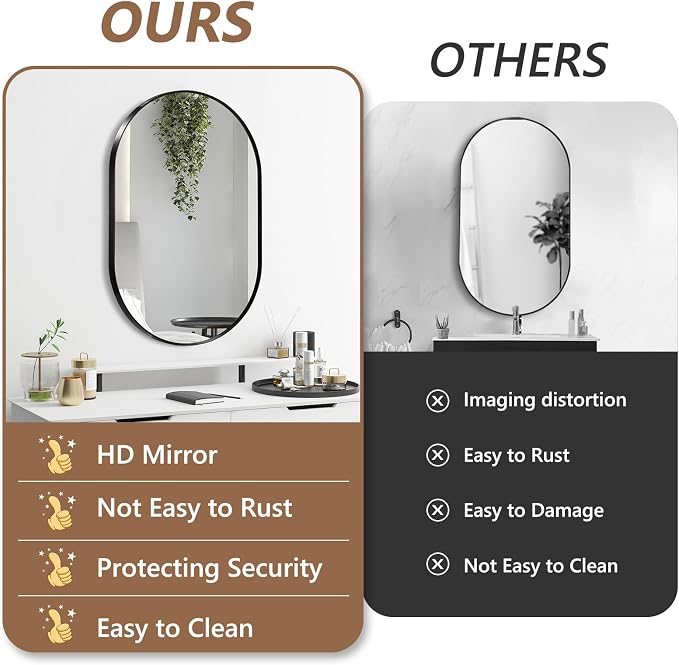 Black Oval Mirror, 24"x36" Oval Bathroom Mirror, Vanity Mirror with Brushed Metal Frame, Wall Mount Mirrors Decor for Bathroom, Bedroom, Entryway, Living Room(Hangs Horizontally or Vertically)