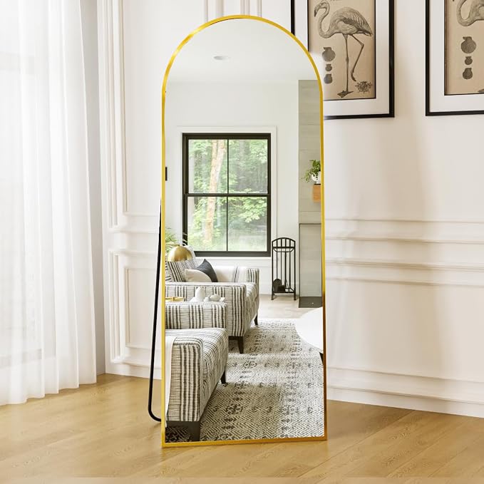 Dewfig Arched Full Length Mirror, 64"X21" Large Floor Mirror, Full Body Mirrors for Leaning or Hanging, Standing Mirrors for Bedroom, Living Room,Dressing Room, Aluminum Alloy Frame, Gold