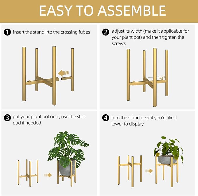 Adjustable Metal Plant Stand Indoor, Fits 8-14 Inch Pots, Mid Century Modern Gold Planter Holder,2 Heights, Heavy Duty 160 lb, Indoor Outdoor Corner Floor Pot Stand, Golden 2 Pack