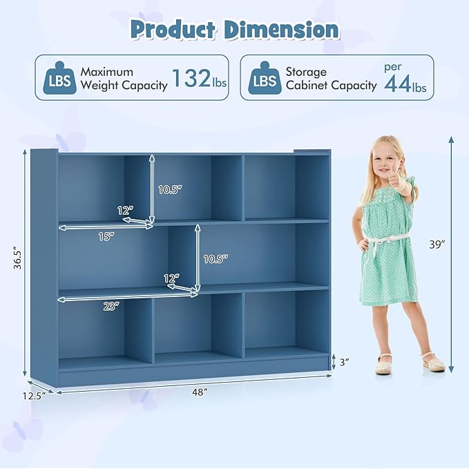 KOTEK Toy Storage Organizer, 5 Cubby Kids Bookshelf, Wooden 3-Tier Bookcase Storage Cabinet, Open Display Book Shelf for Daycare, Nursery, School Classroom, Living Room (Blue, 8 Cubes)
