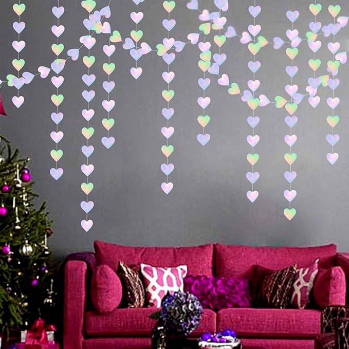 Iridescent Disco-Holographic Heart Garland - 52Ft Wedding Hanging Decoration Neon Streamers Banner, Perfect for Bridal Shower, Birthday, Baby Shower, Engagement, Valentines Day Decor