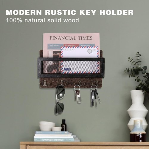 ADIIL Wooden Wall Mount Key Holder - Rustic Key Rack Organizer with 4 Double Hooks | Brown Entryway Decor