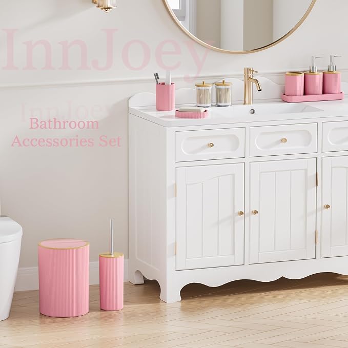 10PC Bathroom Accessories Set - Pink and Wooden Bathroom Sets, Bathroom Accessory Set with Pop Up Trash Can, Toilet Brush, Trash Can, Qtip Holder & Soap Dispenser