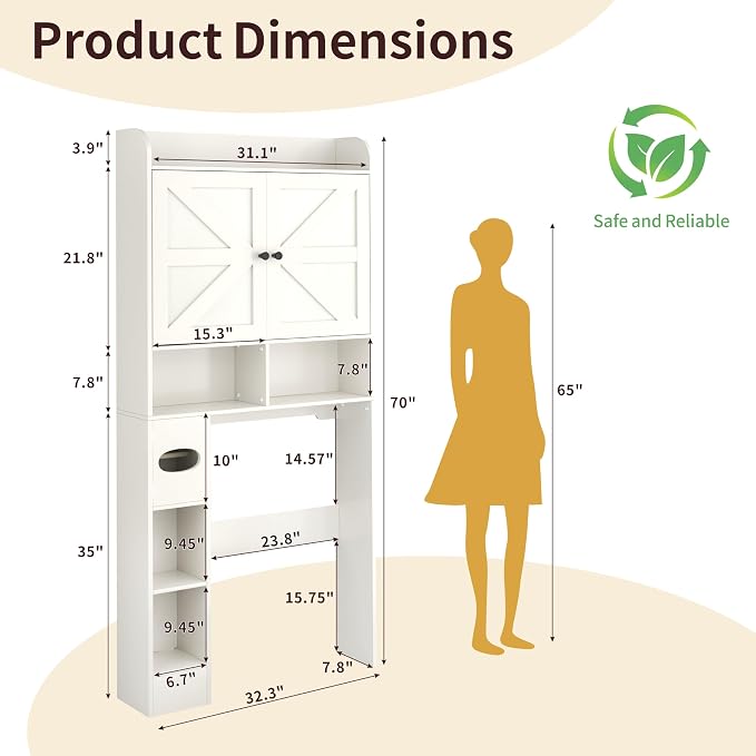 Vipbear Over The Toilet Storage Cabinet, 32.3” W Farmhouse Bathroom Storage Cabinet Above Toilet with Toilet Paper Holder and Barn Doors, Freestanding Restroom Organizer Space Saving Rack, White