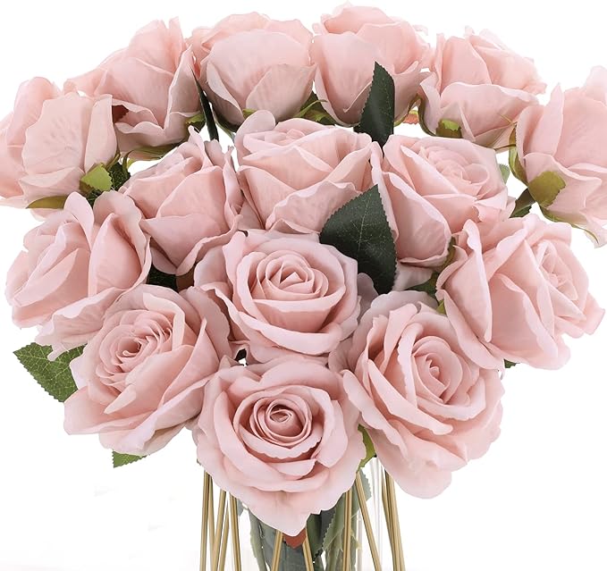 15Pcs Pink Roses Artificial Flowers Fake Roses Long Stem Velet Rose Silk Flowers for Home Wedding Decoration (Round Roses,Pale Pink)