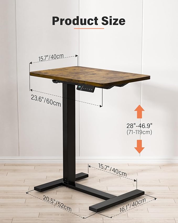 FiCiHi Small Electric Standing Desk - Adjustable Height Bedside Laptop Table with Wheels, Mobile, Portable Rolling Computer Cart,Movable, Home Office, Sofa, Couch Use(24x16,Rustic Brown)