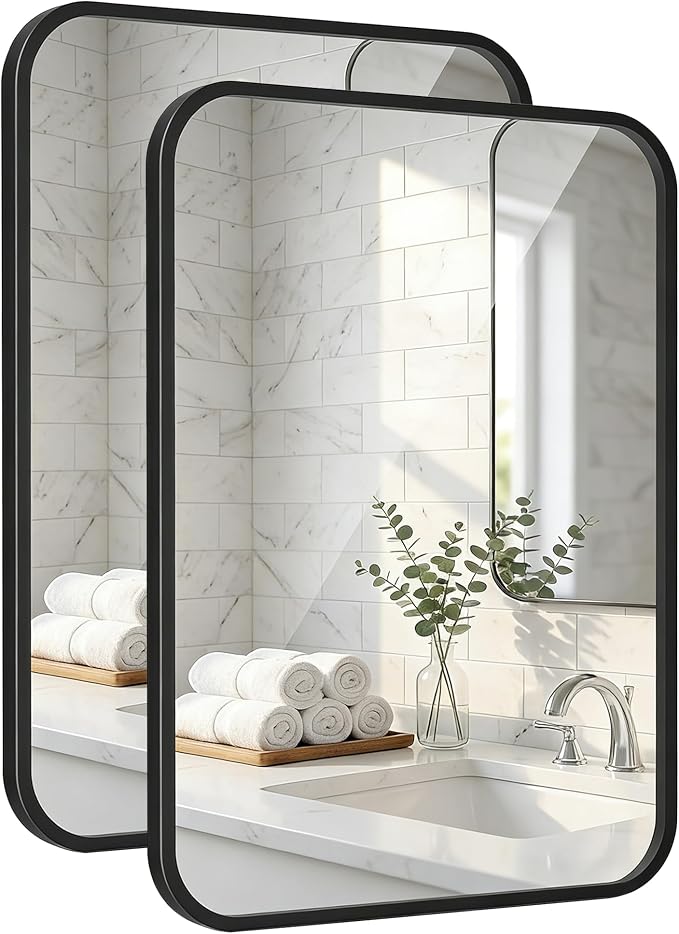 2-Pack 22x30 Inch Matte Black Bathroom Vanity Mirrors | Flush Mount Deep Set Metal Wall Mirror for Over Sink | HD Shatterproof Glass, Rustproof