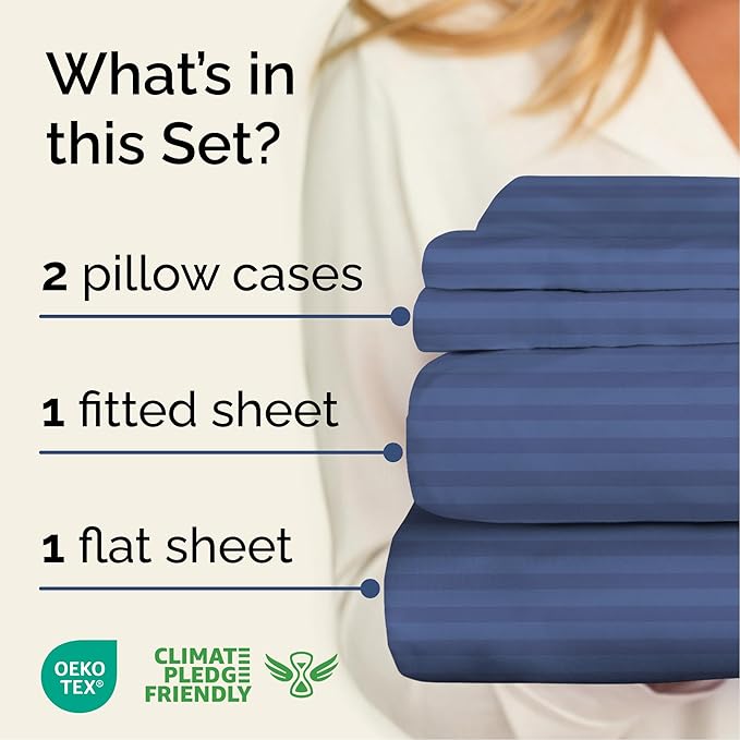 Striped Sheets - Blue Striped Sheets - 1 Flat & 1 Fitted & 2 Pillowcases w/ Deep Pockets – Comfy, Wrinkle & Fade Free - Ultra-Soft, Breathable & Cooling – Luxury Pinstripe Bedding - Full Size Bed Set