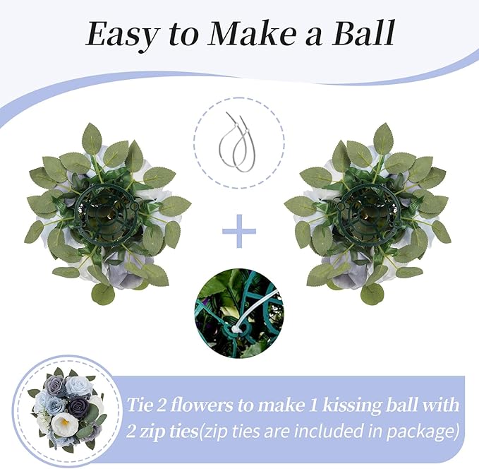 BLOSMON Artificial Flowers Ball Wedding Centerpieces 2 Pcs Dusty Blue Rose Artificial Flower Center Pieces Decoration for Table Silk Kissing Ball Floral Bouquet Arrangements Home Party DIY Decor