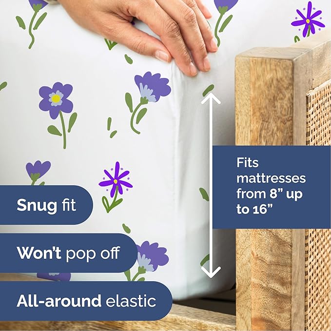 Floral Sheets - Purple Floral Bed Sheet Set - 1 Flat, 1 Fitted & 2 Pillowcases w/ Deep Pockets - Comfy, Wrinkle & Fade Free - Boho Botanical Bedding - Ultra-Soft, Breathable & Cooling - Full Size Set