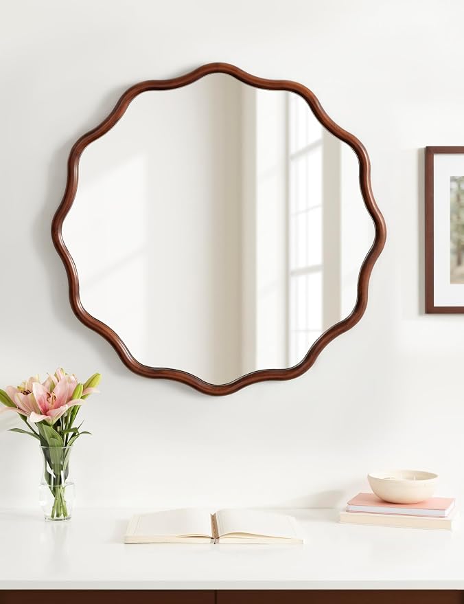 Kate and Laurel Talma Mid-Century Round Scalloped Wall Mirror; 30 Inch Diameter; Walnut Brown; Modern Circle Mirror with Solid Poplar Wood Frame and Rounded Frame Profile