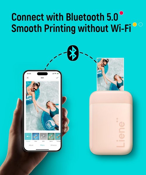 Liene Pearl K100 Mini Photo Printer - Portable 2x3 Color Printer with Bluetooth 5.2 | Compatible with iOS & Android, Pink