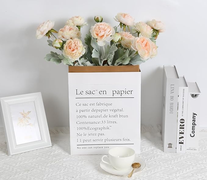 IPOPU Champagne Fake Peonies Artificial Ranunculus Flowers 6pcs 18Heads Champagne Silk Flowers 20.47" Artificial Flowers Bulk for Faux Floral Arrangements Home Table Decor