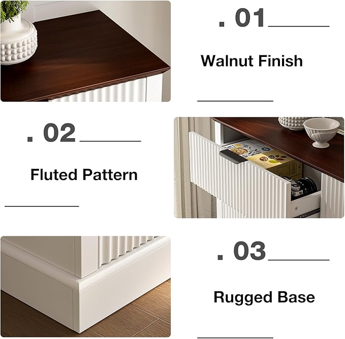 Dresser for Bedroom with 6 Fluted Drawers, 51.9" Wide Chest of Drawers with Mid-Century Design, Wood Dresser for Closet with Metal Handle, White & Walnut