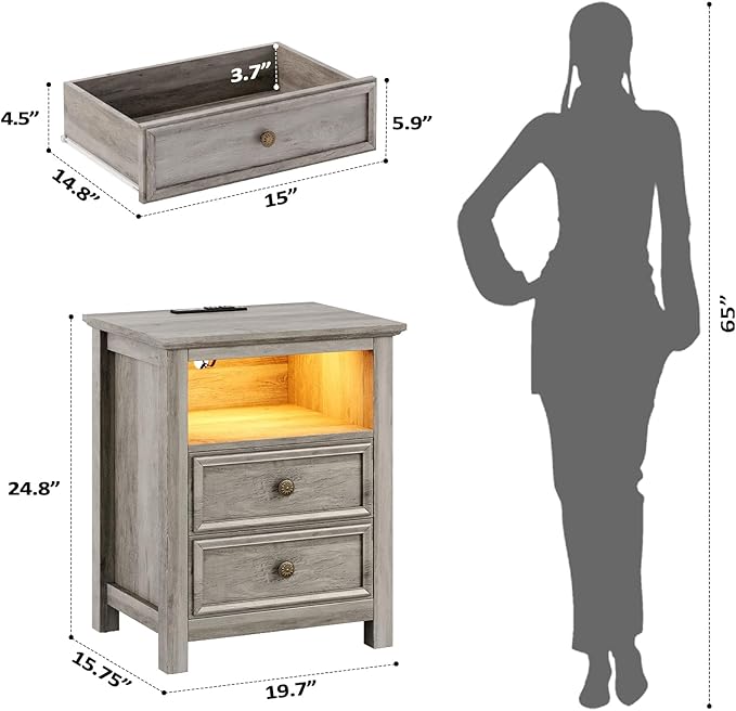 LGHM Set of 2 Nightstand with Charger Station Strip Lights, 20" W Large Night Stand with 2 Drawers, Accent Bed Side Table and End Table, Large Open Cubby, Stable Thick Wood Legs, Timeless Look,Gray