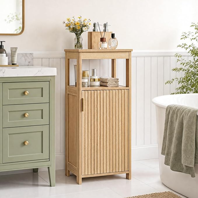 CHOEZON Bathroom Cabinet, Freestanding Bathroom Storage Cabinet with Door and Shelves, Small Floor Storage Cabinet, Narrow Bathroom Table, Fluted Door, Gold Handle, for Bathroom, Living Room, Natural