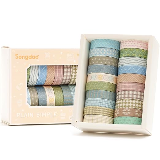Songdao 20 Rolls Basic Washi Tape Set Japanese Arts Adhesive Tapes Simple Patterns Decorative Masking Tape Sets for Craft, Kids, Scrapbook, DIY, Gift Wrapping (Style Four)