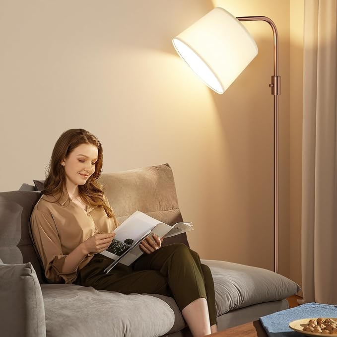 Ambimall Fully Dimmable Floor Lamp with 9W LED Bulb - Standing Lamp for Living Room with Adjustable Head, Modern Tall Light with Rotary Switch for Office, Brown and White
