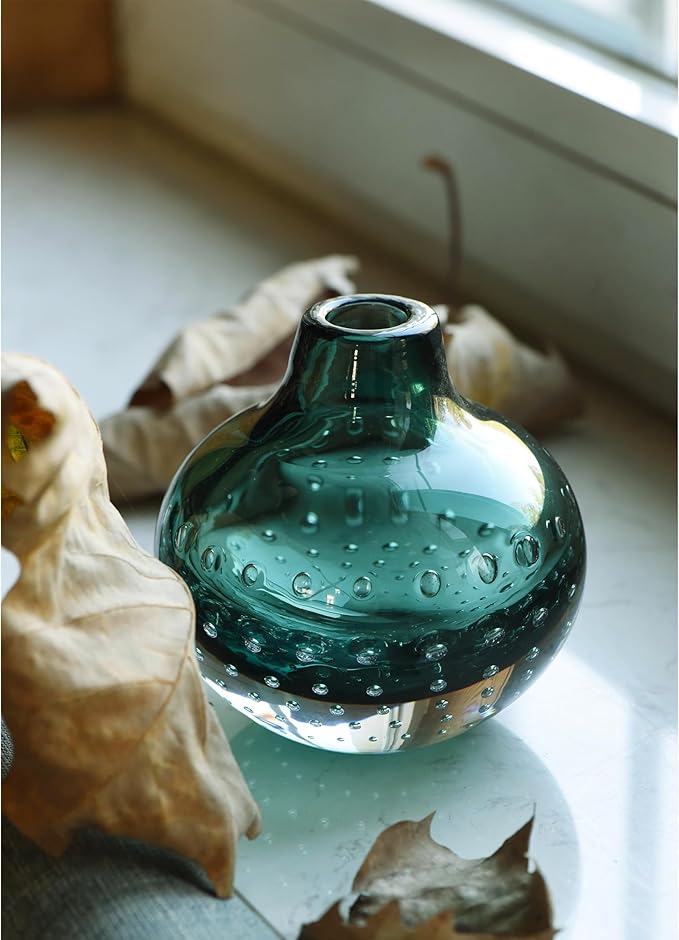 CONVIVA Bud Vase Green Glass Vase Flower Art Diffuser for Reed Idea Modern Handcrafted Small Tabletop Fall Decor Arrangement 4.2" H