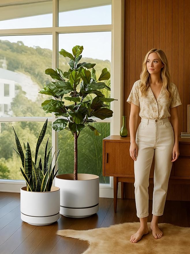 LE TAUCI 14 Inch Large Plant Pot with Saucer, Ceramic Outdoor & Indoor Big Planter with Drainage Hole, Mesh Pad & Plug Included, Matte Glazed Outside, Modern for Home and Patio, Alpine White & Ochre