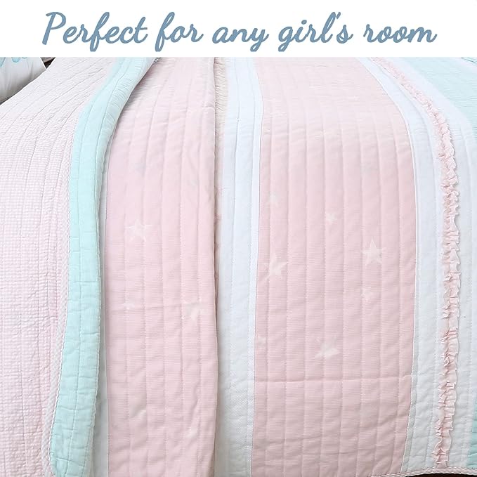 Cozy Line Home Fashions Light Pink Blue Ruffles Girl 100% Cotton Reversible Quilt Bedding Set, Coverlet, Bedspread (Candy, Queen - 3 Piece: 1 Quilt + 2 Shams)