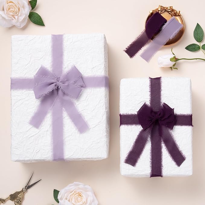DORIS HOME Pastle Purple Chiffon Ribbon for Flower Bouquet, 1" x21Yd Fabric Ribbon for Gift Wrapping, Handmade Frayed Ribbon for Wedding Invitations/Christmas Decorations