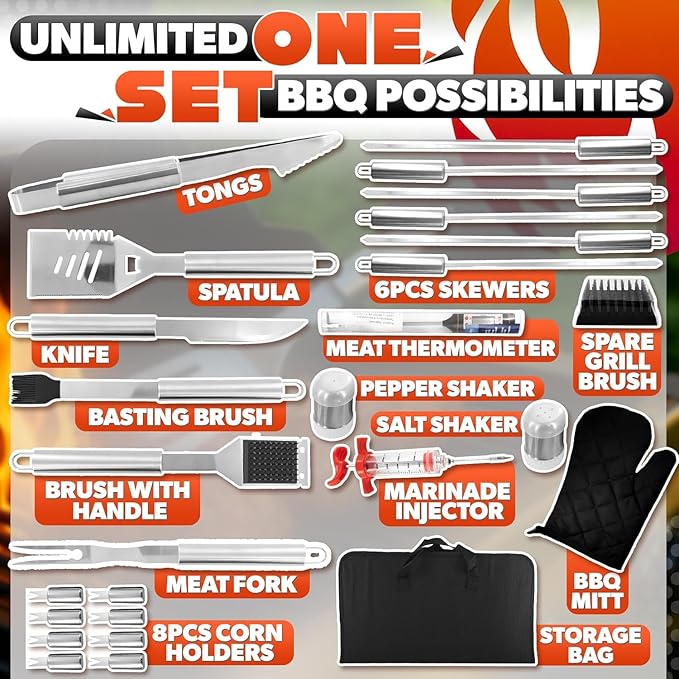 27 PCS Grill Accessories for Outdoor Grill – Stainless Steel BBQ Tools Grilling Tools Set, Organized in Case with Thermometer, Injector & More – Complete Kit for Cooking, Camping & Backyard Barbeque