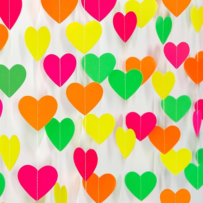 UV Neon Party Decorations Heart-Garland - 52ft Glow in The Dark Supplies,80s Hanging Streamers Banner,Girl Romantic Wedding Anniversary Baby Bridal Shower Engagement Decor Panduola