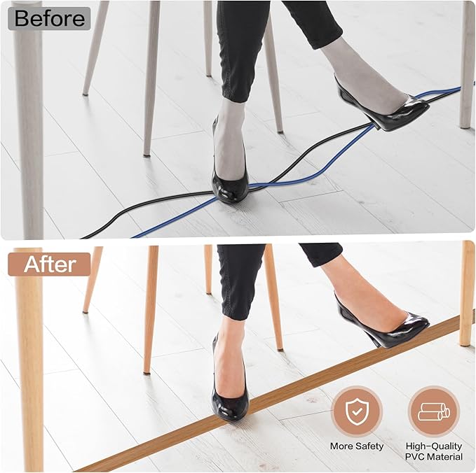 Floor Cord Cover Self Adhesive Cord Hider Floor Extension Cord Covers for Floor Power Cord Protector Cable Management Prevent Cable Trips Cable Cavity 0.47" W x 0.27" H (Light Brown Wood, 20Ft)