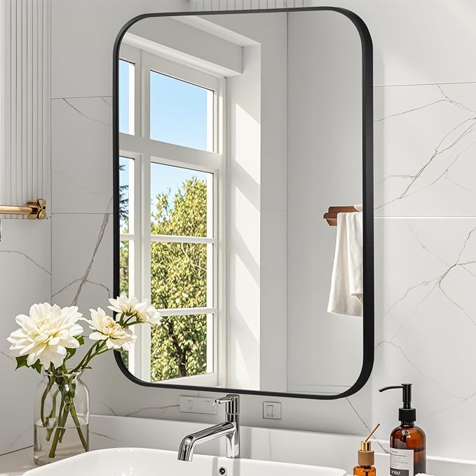 Matte Black Mirror, 24"x36" Rectangle Bathroom Mirror, Metal Frame Rectangle Corner Vanity Mirror, Wall Mounted Mirror for Modern, Living Room, Bedroom, Horizontal Or Vertical