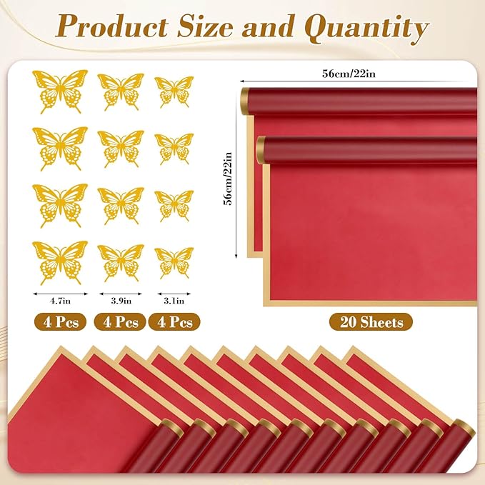 cridoz 20 Sheets Flower Bouquet Wrapping Paper with 12 Pieces Gold Butterfly Decorations for Flower Bouquets, Gift Wrapping(Red)