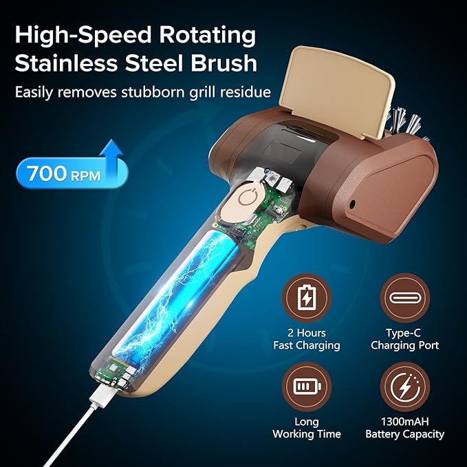 Lrly BBQ Grill Brush for Outdoor Grill, Cordless Electric Grill Cleaner, Rechargeable Grill Cleaning Stainless Steel Brush, Grill Scraper, BBQ Accessories Brown