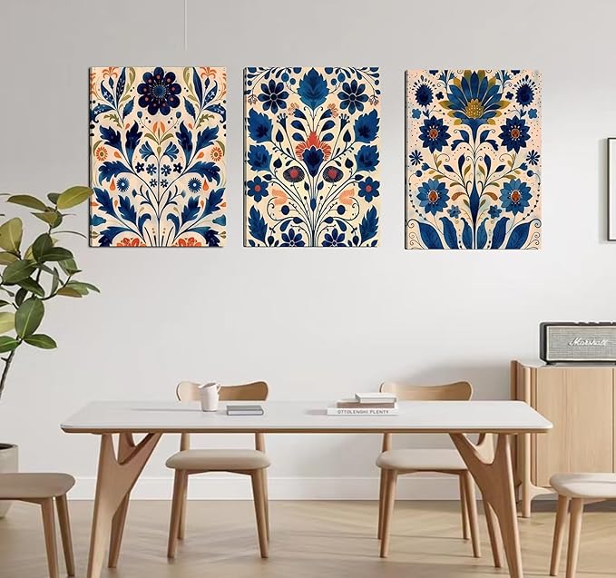3 Pcs Blue Boho Flower Canvas Wall Art, Floral Painting Poster Wall Decor,Wildflower Botanical Picture for Wall Living Room Bathroom Bedroom Home Decoration 16*24 in (Stretched Canvas on A Wooden Frame)