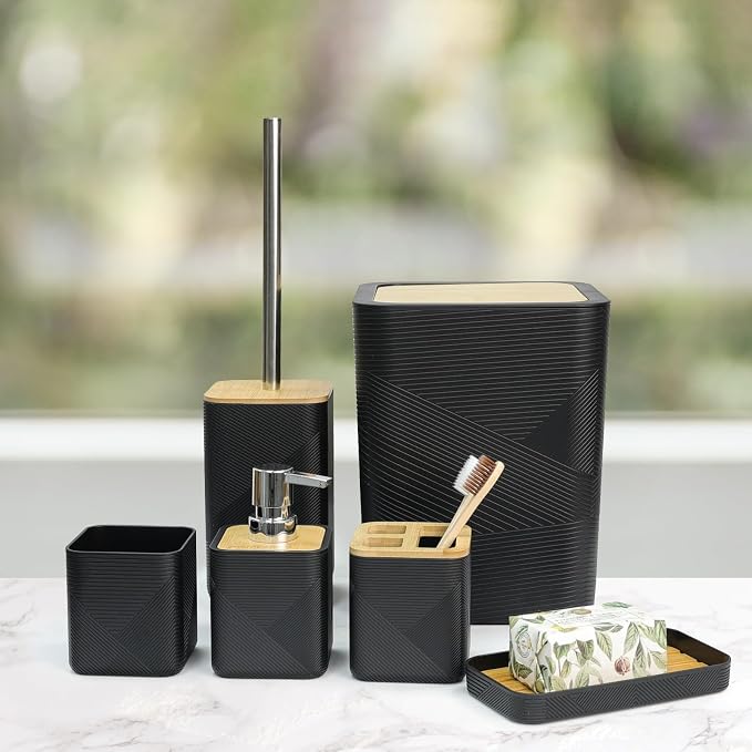 CERBIOR Bathroom Accessories Set 6 Piece Bamboo Bath Ensemble Includes Soap Dispenser, Toothbrush Holder, Toothbrush Cup, Soap Dish for Decorative Countertop and Housewarming Gift (Black)