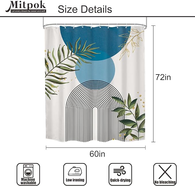 Blue Boho Modern Shower Curtain Mid Century Abstract Gold Green Leaves Sun Arch Minimalist Geometric Aesthetic Plant 60Wx72H Bathroom Decor Neutral Bath Curtain Fabric Polyester 12 Pack Hooks