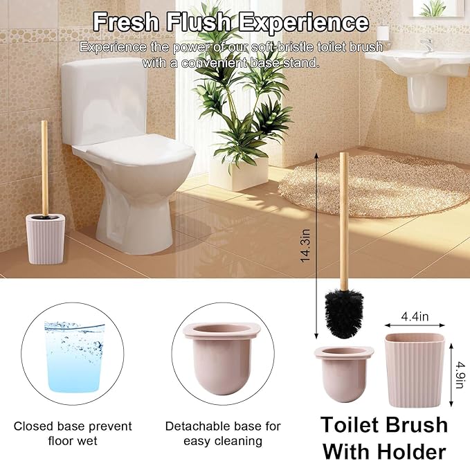 Beige Bathroom Accessories Set, 10 Pieces Bamboo Bathroom Set with Trash Can, Tray, Soap Dispenser, Soap Dish, Toothbrush Holder, Toothbrush Cup, Tissue Holder, Toilet Brush and Qtip Holders