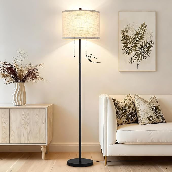 Luvkczc Floor Lamp, 62" Standing Lamp Tall Lamp with Fabric Lampshade&Pull Chain Corner Floor Lamps for Living Room, Bedroom,Office, 2 Bulb Socket