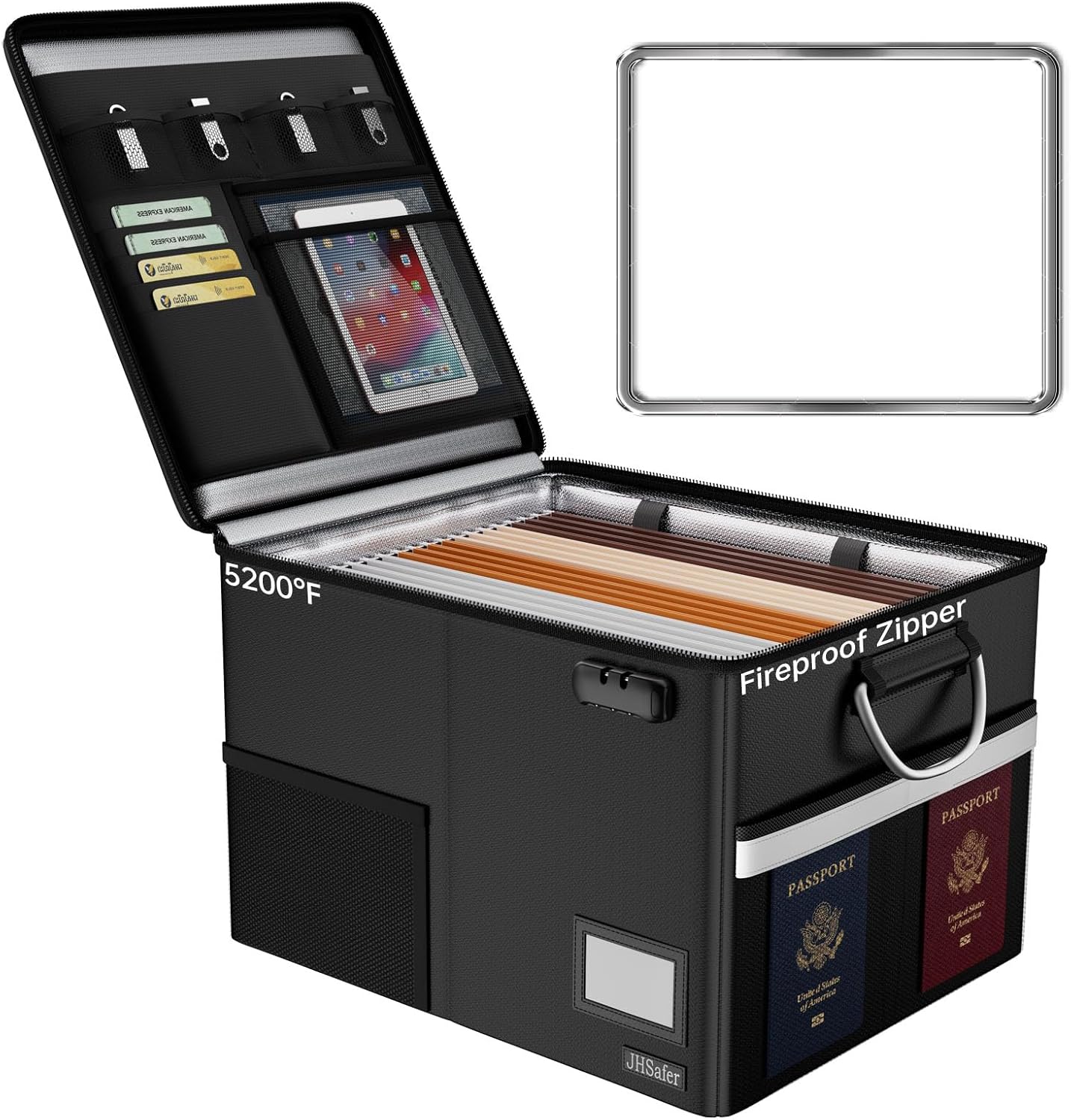 Skiennix Fireproof Document Box - Waterproof File Organizer with Lock & Handle | Portable Black Filing Cabinet