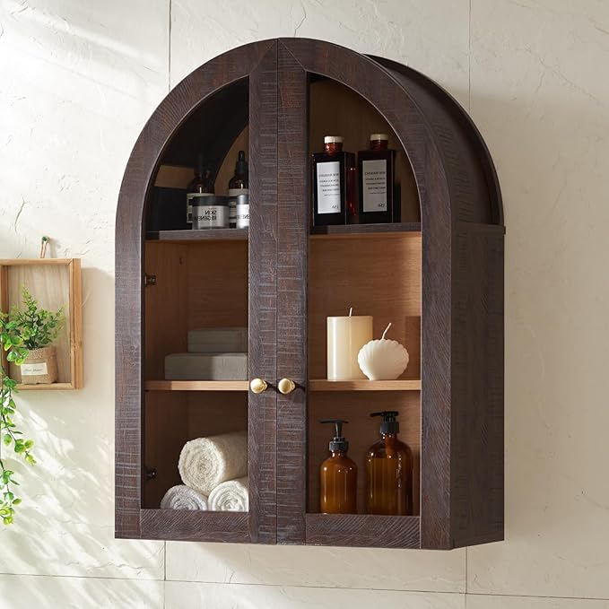 Bathroom Arched Wall Cabinet Over The Toilet Storage Cabinet, 23.5×31.4 Inch bathroom cabinet wall mount with Glass Doors & Adjustable Shelves, Wood Cabinet for Laundry Room, Bedroom Kitchen, Brown