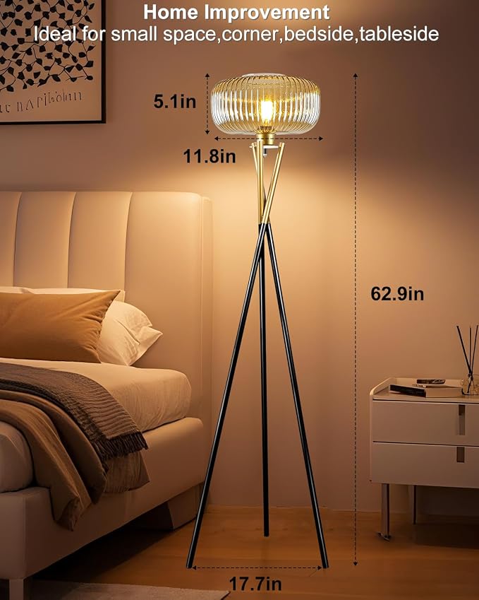Lightdot Glass Tripod Floor Lamp for Living Room, Modern Gold&Black Standing Lamp with Ribbed Brown Glass Shade, Arc Tall Lamp for Bedroom/Reading Room/Sofa Beside/Corner Decor (Bulb Included)