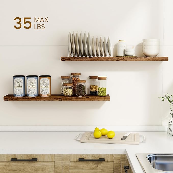 Dreamland 36Inch Floating Shelves for Wall, Rustic Wooden Floating Shelves for Bathroom|Bedroom|Kitchen, 2 Pack Deep Wall Mounted Book Shelf, Wood Storage Display Shelf for Home Decor, Brown