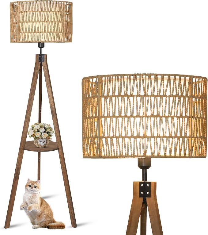 LAMSU Boho Tripod Floor Lamps for Living Room, Rattan Wood Floor Lamp with Fabric Shades, Mid Century Standing Lamp with Shelf, Foot Switch, Modern Farmhouse Tall Lamps for Bedroom Office Brown