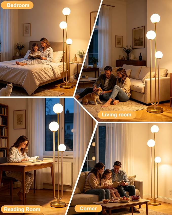 63IN 3-Light Dimmable Floor Lamp, Unique Gold Tall Standing Lamps with 3000K G9 Bulbs for Reading, Mid Century Modern Floor Lamp with 5Lbs Heavy Base for Living Room Bedroom Home Office