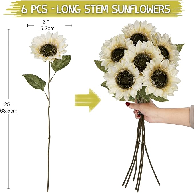 Hollyone Large Silk White Sunflowers Artificial Flowers 26" Long Stem Sunflowers Fake Flowers 6PCS Faux Vintage Fall Sunflowers Bouquet Bulk for Home Wedding Birthday Party Centerpieces Decorations