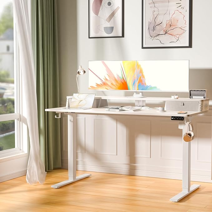 Electric Standing Desk with 2 Drawers 55''x 24'' Adjustable Height Sit to Stand Up Desk with Storage Shelf, C-Clamp Mount Compatible White Home Office Desks Computer Gaming Table Ergonomic Workstation