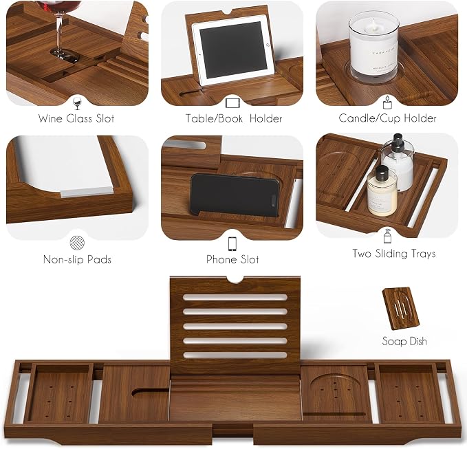 Expandable Solid Teak Wood Bathtub Caddy Tray, Adjustable Bath Tub Organizer for Bathroom Spa, Luxury Bath Accessories (Dark Natural Teak, Non‑Foldable Structure)